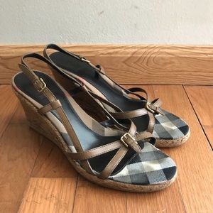 Burberry Beige Tan Plaid Espadrille Wedge Sandals